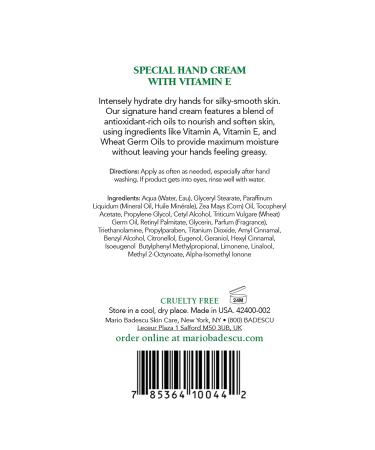Mario Badescu Vitamin E Hand Cream 3 oz - Moisturizing, Fast-Absorbing Formula for Dry, Cracked Hands - Ideal for All Skin Types - Buy Online on SooperMarket.com
