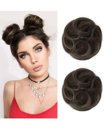 REECHO 2 PCS Mini Claw Clip in Messy & Cat Ears Hair Bun Extensions Wig Accessory Updo Hairpieces for Women Girls (Pack of 2-3.5" Wavy Ash Light Brown) Pack of 2 - 3.5" Wavy Ash Light Brown