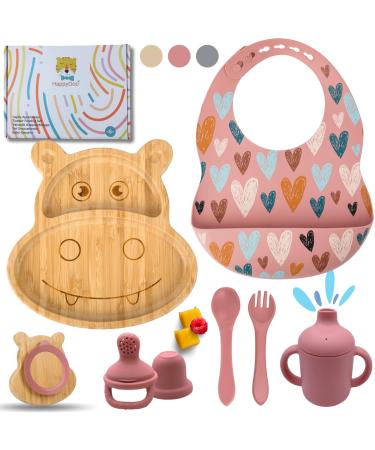 Happydoo |Baby dishes |9 pieces |Bamboo plate baby |Baby dishes with suction cup |Baby dishes |BPA Free |Fruit sucker baby gift |Baby tableware set |In the gift box pink hippopotamus