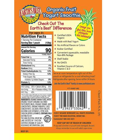 Earth's Best Organic Sesame Street Toddler Fruit Yogurt Smoothie - Pineapple, Orange, and Banana - 4.2 oz. Pouch (Pack of 12) - Buy Online on SooperMarket.com
