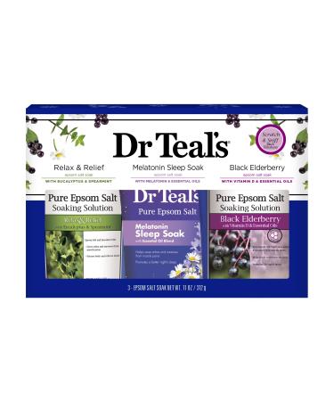 Dr Teal's Epsom Salt Trio Gift Set (Three 14oz Bags) - Relax & Relief  Melatonin Soak  & Black Elderberry - Give The Gift of Relaxation - Soothe Aches wtih at Home Spa Kit