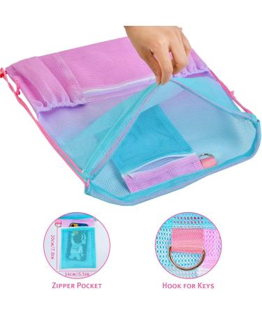 Nidoul Mesh Drawstring Beach Bag with Zipper Pocket - Pink Blue | Ideal for Swimming, Gym & Storage | Adult Kids - Buy Online on SooperMarket.com