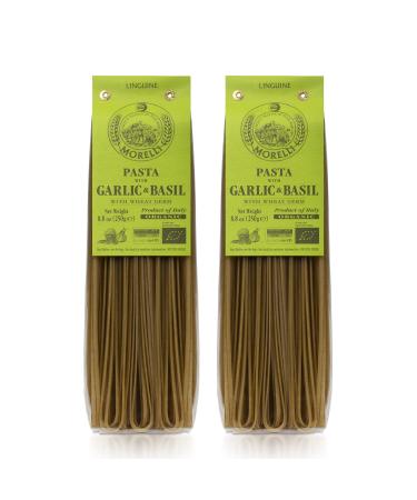 Morelli Italian Pasta Organic Garlic and Basil Linguine - Gourmet Pasta Handmade in Small Batches - Durum Wheat Semolina Al Dente Italian Pasta from Italy 8.8oz / 250g - Pack of 2 8.8 Ounce (Pack of 2)