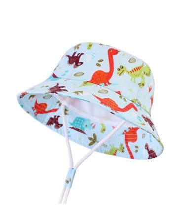 LANGZHEN Beach Sun Protection Hat for Baby Girls Adjustable Toddler Kids Hat Wide Brim Summer Play Hat with Chin Strap Colorful dinosaurs 2-4 Years