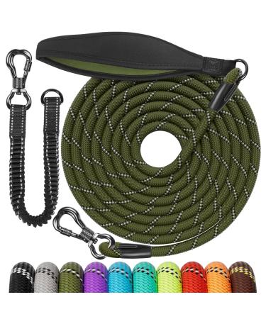 Aystkniet Bungee drag line for dogs 3m 5m 10m 15m 20m 30m shock -absorbing dog leash with padded handle reflective threads lockable hook for medium large dog 15m 8mm army green