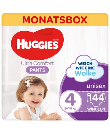 Huggies Ultra Comfort Pants Size 4 9 to 14 kg For active children With wetness indicator and cloud waistband technology 144 diapers monthly box monthly pack bulk pack size 4 (144 pack)
