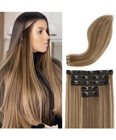 REECHO Clip in Hair Extensions Hair Extensions Thick Long Lace Weft Lightweight Synthetic Hairpieces for Women (24 Inch-240 Gram(Pack of 5) Chocolate Brown with Golden Blonde Highlights) 24 Inch-240 Gram(Pack of 5) Cho...