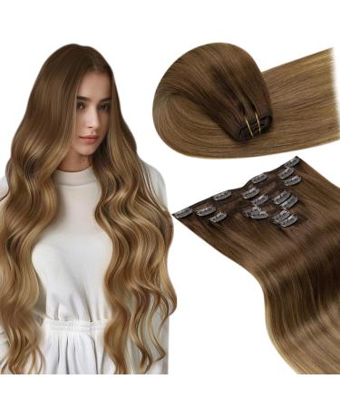 Laavoo real hair Extensions clip balayage brown clip in extensions real hair remy Hair medium brown ombre light brown blonde hair extensions real hair clips for compound 45cm 7pcs #6/8/14 45cm-105g 1.4 #6/8/14