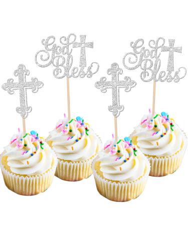 Rsstarxi 24 Pack Baptism Cupcake Toppers First Communion Cupcake Toppers Glitter Cross God Bless Cupcake Picks for Baby Shower Christian Baptism Party Cake Decorations Silver