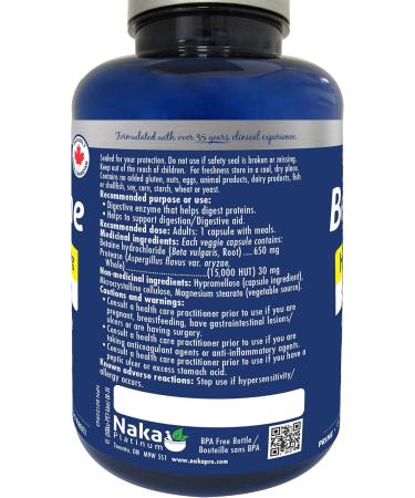 Naka Platinum Betaine HCL 650mg + Protease Digestive Support Made in Canada (150 vcaps) 150 count (Pack of 1) - Buy Online on SooperMarket.com