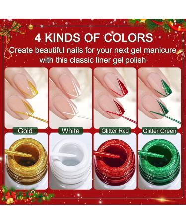 Yueshop Christmas Nail Art Gel Liner Polishes Set - 4x 8ml White Gold Red Green Colors - Soak Off Collection with Thin Nail Art Brush Pen Tool - DIY Nail Art for Girls and Women - Buy Online on SooperMarket.com