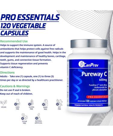CanPrev Pureway C 600mg Advanced Formula 120 V-Caps - Enhanced Absorption Vitamin C Ascorbic Acid with Citrus Bioflavonoids - Supports Well-Being and Vitality - Buy Online on SooperMarket.com