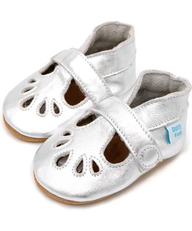 Dotty Fish Soft Leather Baby Shoes | Classic T-Bar Girls' Shoes | Non-Slip Suede Soles | 0-6 Months - 2-3 Years | Silver - Buy Online on SooperMarket.com