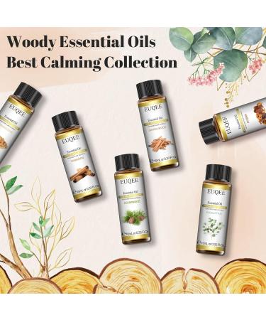 EUQEE Woody Aromatherapy Essential Oils Set - Eucalyptus, Cedarwood, Sandalwood, Frankincense, Cinnamon, Myrrh - 6 x 10ml White Bottles - Buy Online on SooperMarket.com