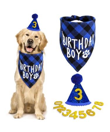 Amaxiu Dog Birthday Party Set Boy Dog Birthday Bandana Hat with 8 Bling Number Pet Happy Birthday Supplies Glitter Hat Plaid Bandana for Small Medium Large Dogs (Blue)