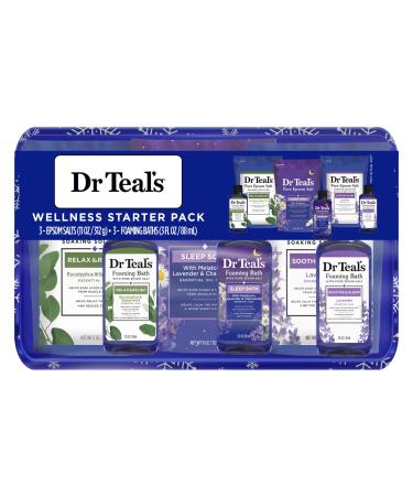 Dr Teal s Pure Epsom Salt Soak Trio Gift Set with Eucalyptus & Spearmint Melatonin & Essential Oil Blend and Lavender Essential Oil 4 Piece
