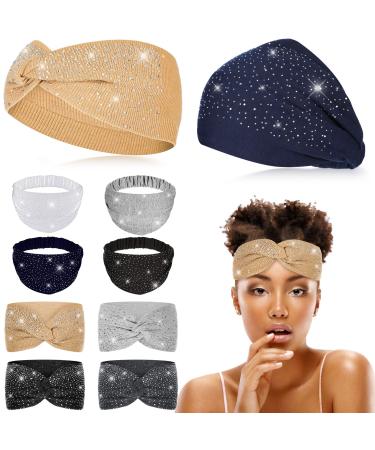 8 Pcs African Head Wraps for Black Women Rhinestone Twisted Headbands Crystal Wide Headbands Bling Twist Head Bands Glitter Elastic Head Turban for Girls Sport Yoga Gifts Hair Accessories  2 Styles