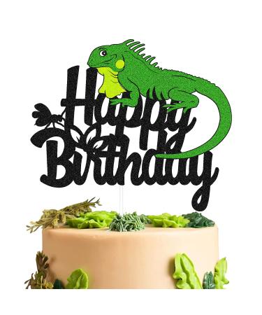 Lizard Cake Topper Lizard Animal Silhouette Happy Birthday Cake Decorations Kids Boy Girl Birthday Party Glitter Black Supplies Decor