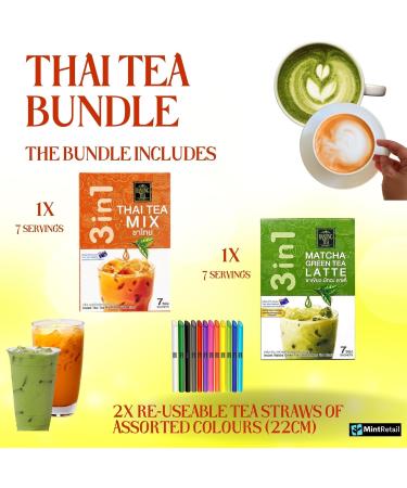 Thai Milk Tea Bundle - 14 Sachets with Ranong 3 in 1 Instant Thai Tea Mix and Ranong Matcha Green Tea Latte Instant Mix Including Mint Retail Boba Tea Straws - Buy Online on SooperMarket.com