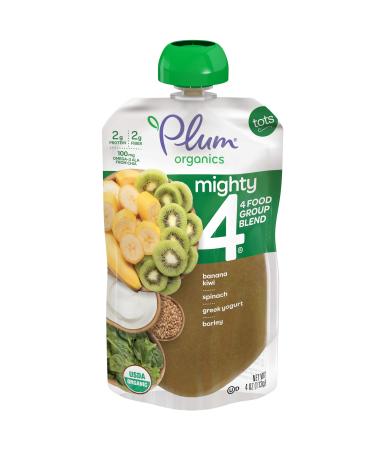 Plum Organics Baby Food Pouch | Mighty 4 | Banana, Kiwi, Spinach, Greek Yogurt & Barley | 4 Ounce | 6 Pack | Organic Food Squeeze for Babies, Kids, Toddlers