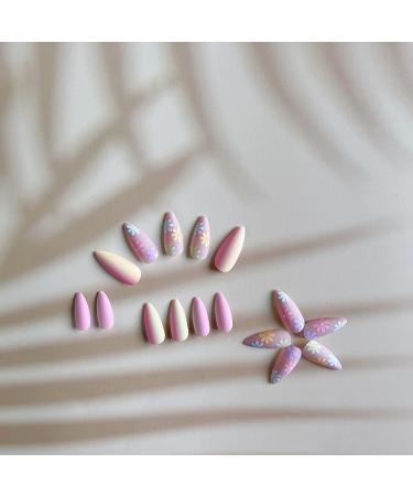 Matte Pink Daisy Flower Fake Nails Set with Glue - 24 Medium Almond Shape Purple Designs for Women and Girls - Buy Online on SooperMarket.com
