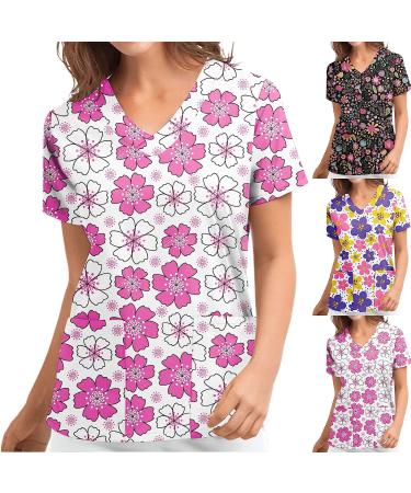TUNUSKAT Women's Flower Nurse Uniform Fashion Print Short Sleeve Scrub Top - Red | XL - Buy Online on SooperMarket.com