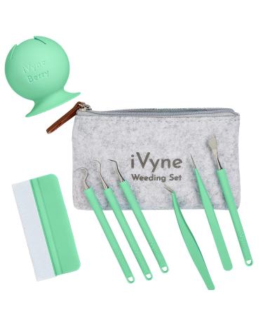iVyne (8pcs) Premium Vinyl Weeding Tool Kit & Weeding Scrap Collector Soft Grip Tools with Berry  Weeder  Tweezers  Picker Or Hook  and Scraper Set for Silhouette Cameos & Cricut - Green Green 8pcs