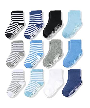 CozyWay Kids Non Slip Cotton Crew Socks Baby Socks Toddler Socks Anti Skid With Grips Striped for Children Toddler Boys & Girls 3-5 Years Boys Solid & Stripes 12 Pairs