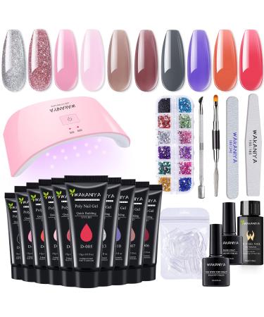 Poly Gel Nail Kit with Lamp, Pink Nude Glitter Colors Poly Gel Extension Nail Kit, Easy Quick Builder Gel with Rhinestone, Dual Forms, Complete Poly Nail Gel Kit Nude Pink Colors D