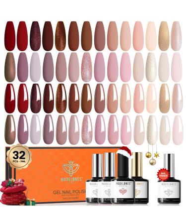 Modelones 32Pcs Gel Nail Polish Set 28 Colors Nude Brown Gel Polish with Glossy& Matte Gel Top Coat No Wipe Base Coat Nail Primer Kit Glitter Red Pink Colors Nail Gel Polish Gifts for Women DIY Home A0-California Dream