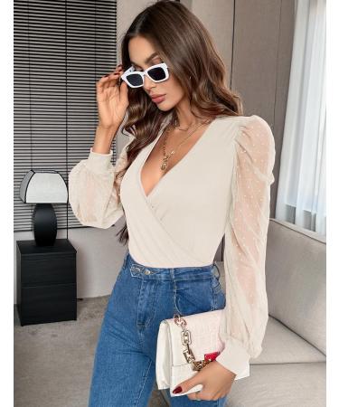 Fayenne Womens Tops Deep V Neck Cross Wrap Sexy Tops Polka Dot Mesh Long Sleeve T Shirt Casual Blouses S Beige - Buy Online on SooperMarket.com