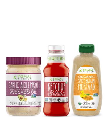 Primal Kitchen Condiment Dipping Sauce Kit with Avocado Oil Garlic Aioli Mayo Organic Unsweetened Ketchup and Organic Spicy Brown Mustard 3 Count