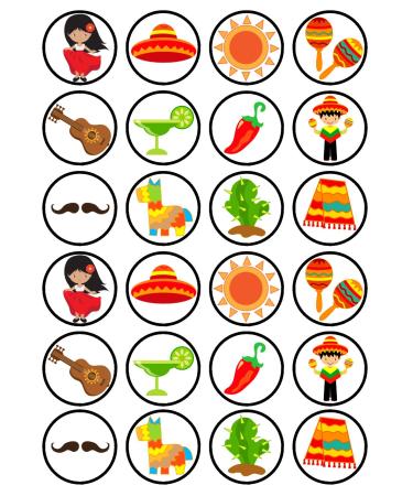 24 Mexico Mexican Theme Edible Cupcake Toppers - Stand Up Disc Wafer Cake Decorations