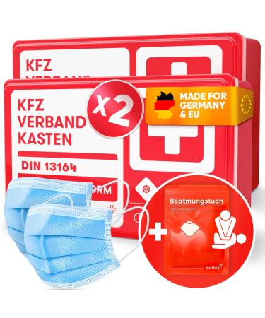 Purahelp 2x car bandage box according to the current standard 2024 DIN 13164 (STPO compliant) - including ventilation towel 2x climbing strips - first aid set of car first aid car 2024 2 pieces