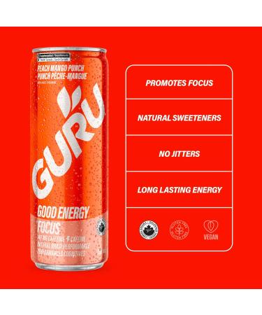 GURU Peach Mango Punch Organic Energy Drinks Clean Energy Drink with Plant Based Natural Caffeine from Green Tea + Focus with L Theanine Gluten Free and Vegan 140MG Caffeine 355mL (Pack of 24) Peach Mango Punch 355 mL (Pack of 24) - Buy Online on SooperMarket.com