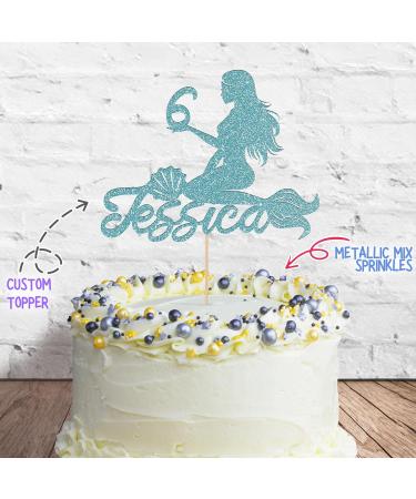 Cakeshop Cake Decoration Pack | Mermaid Happy Birthday Premium Double Sided Glitter Card Cake Topper & 25g Party Pack of Cake Sugar Sprinkles | Custom Name & Age Cake Decorations (Baby Blue) Non-Prime Glitter Card: Baby Blue - Buy Online on SooperMarket.com