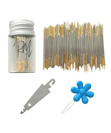 RYANMAMA Golden Large Eye Needles Sets (100pcs Golden Color Large Eyes Cross Stitch Sewing Needles+1 Needle Threader+1 Flower Shaped Plastic Needle threaders (Random Color)) DIY Embroidery (#24)