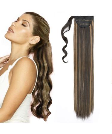 32 Inch Long Straight Ponytail Extension Wrap Around Ponytail Clip in Hairpiece Synthetic Hair Extensions for Women - Dark Brown mix Sandy Blonde