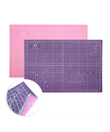 Self Healing Cutting Mat 18"x12" Non-Slip PVC Double Sided 5-Ply A3 Art Craft Rotating Mat, Rotary Cutting Mat for Quilting, Sewing Crafts Hobby Fabric Precision Scrapbooking Project(Pink/Purple) Pink , Purple