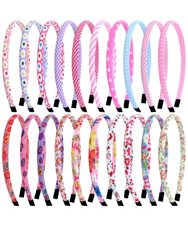 Yoosit 20 Pieces Candy Colors Floral Printed Elastic Plastic Headbands for Girls Thin Cloth Covered Hair Bands for Kids Pink Fabric Lined Hairbands Birthday Party Headwears for Little Girls