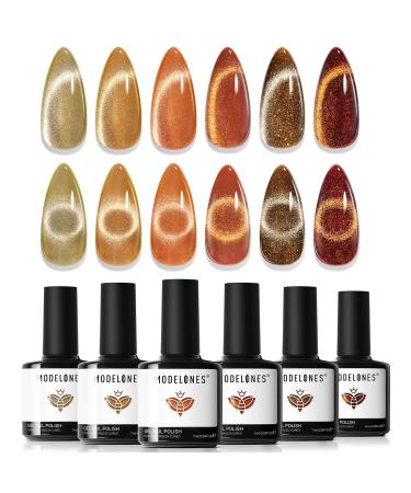 Modelones Cat Eye Gel Nail Polish 6 Colors Fall Holographic 9D Cat Eye Glitter Gel Polish Orange Yellow Gold Brown Nail Gel Polish with Magnet Soak Off Led Nail Gel DIY Salon