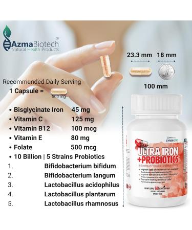 Probiotics Iron Supplements for Women & Men - 500 mg (60 Iron Caps) Probiotics 10 Billion CFU/g & Vitamins C B12 E & Folate - Iron Bisglycinate Blood Builder - Vegan Iron Probiotics for Men & Women - Buy Online on SooperMarket.com