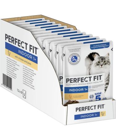 Perfect Fit Indoor 1+-Cat nacial lining in a portion bag for adult domestic cats from 1 year-with chicken and peas in sauce-anti-hair ball effect-cat food-portion bag (12 x 85g) chicken 85 g (12 pack)