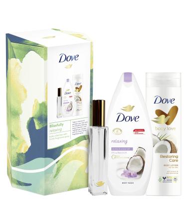 Dove Blissfully Relaxing Body Collection with home fragrance spray Gift Set perfect gifts for her 2 piece White