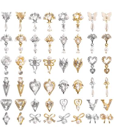 Noverlife 48PCS 3D Bow Nail Art Charms Rhinestones  Luxury Metal Crystal Diamonds with Pearls for Nail Design  Dazzling Heart Butterfly Pendant Gems for DIY Salon Manicure Decoration Jewelry Crafting 48PCS - Style B