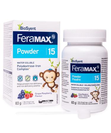 FeraMAX Pd Powder 15 - Oral Iron Powder Supplement for Children - Maintain Iron Levels Boost Energy and RBC Production Helps Prevent Iron Deficiency and Iron Deficiency Anemia - No Staining Effect on Teeth and Pleasant Grape and Raspberry Flavor - 83g 120