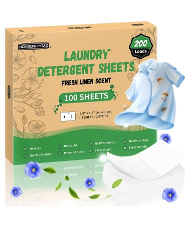 HOMERHYME Laundry Detergent Sheets - Fresh Linen Scent 200 Loads (100 Sheets) Plastic Free Laundry Detergent Strips for Travel Dorms Home Apartments Liquidless Technology Eco Friendly& Hypoallergenic Fresh Linen Scent 1 Count (Pack of 100)