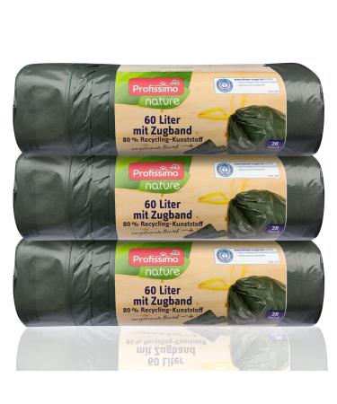 Eco garbage bags with a pull tape - 60 liters (60 pieces) - extremely tear -resistant & liquid -tight - 3 -pack (3x20 pieces) - "Blue Angel" Certificate
