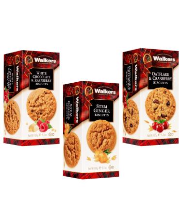 Walkers Cookies Selection - Stem Ginger Oatflake & Cranberry and White Chocolate & Raspberry Biscuits - 3 Pack