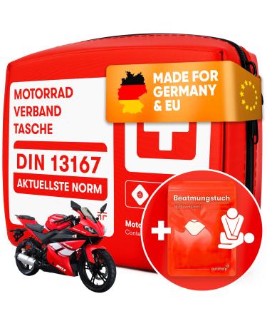 Purahelp motorcycle first standard 2024 DIN 13167 (StVO compliant) - including ventilation towel - motorcycle first aid set 2024 mini small motorcycle pocket + ventilation cloth